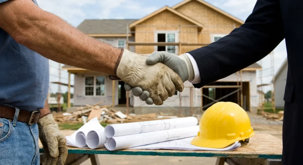 Private lender and contractor shaking hands at construction site